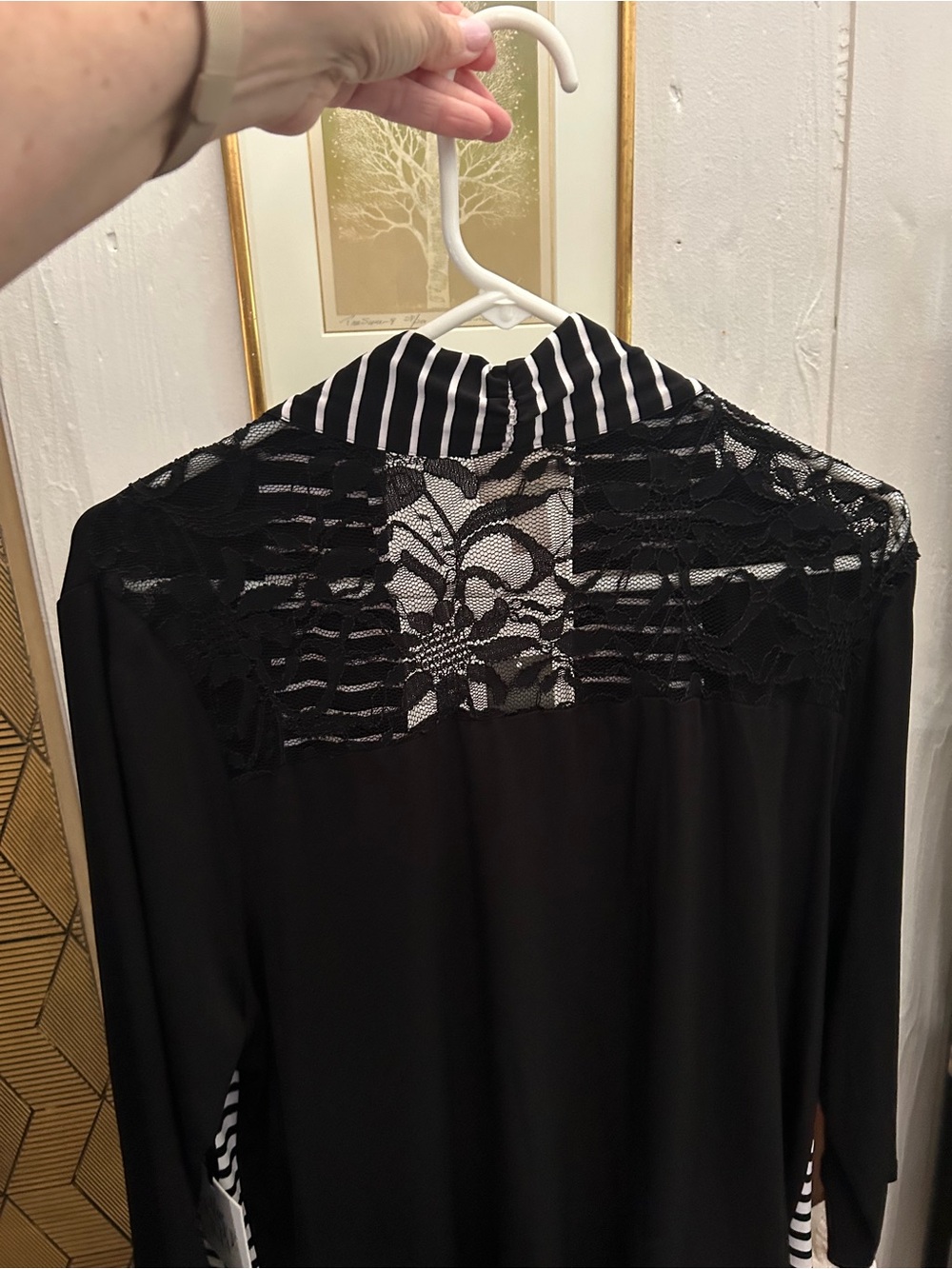 Chico's Black Cardigan with Black-and-White Striped Trim - Picture 3 of 6